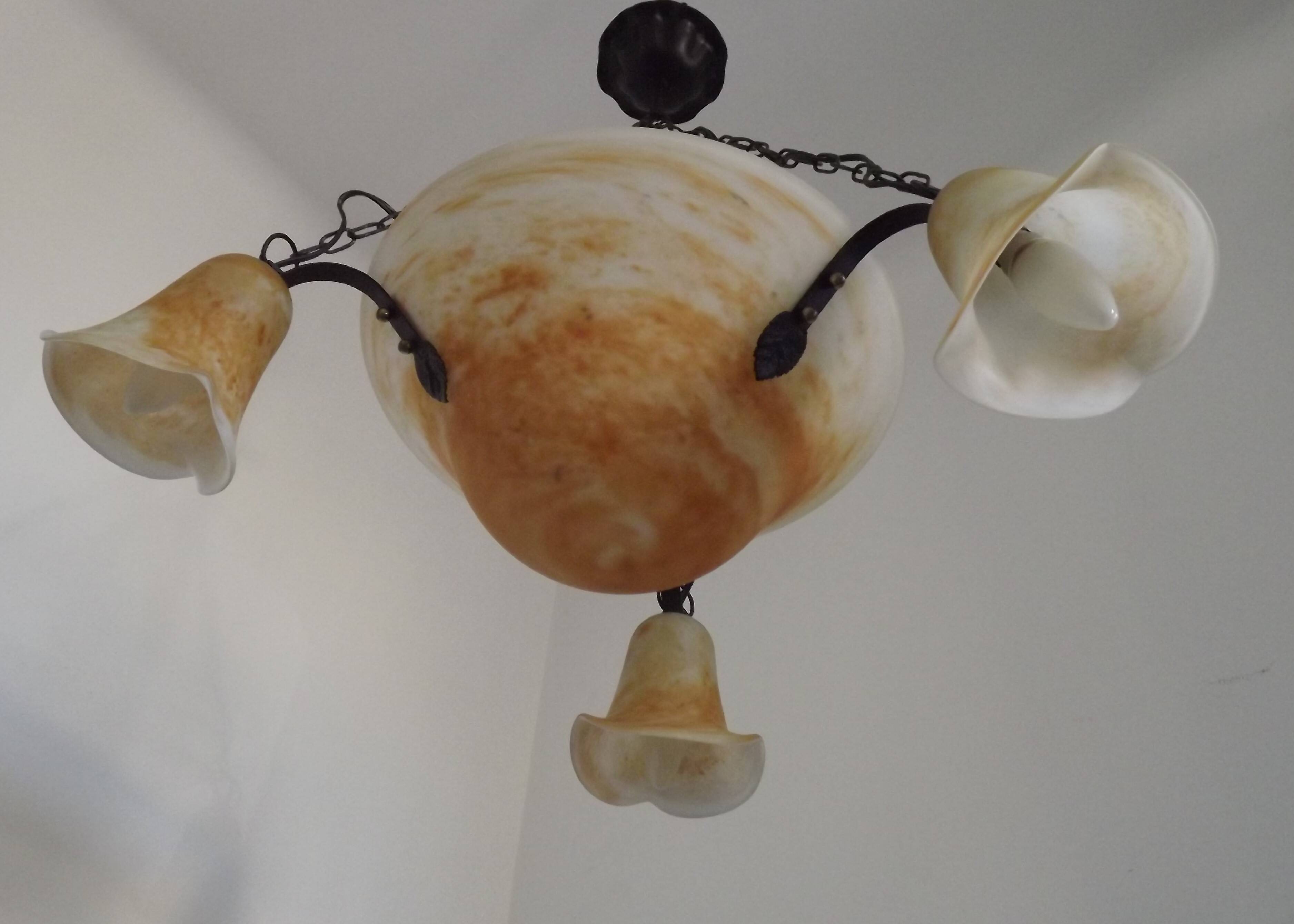 Vintage 4-light chandelier in black metal and glass, France