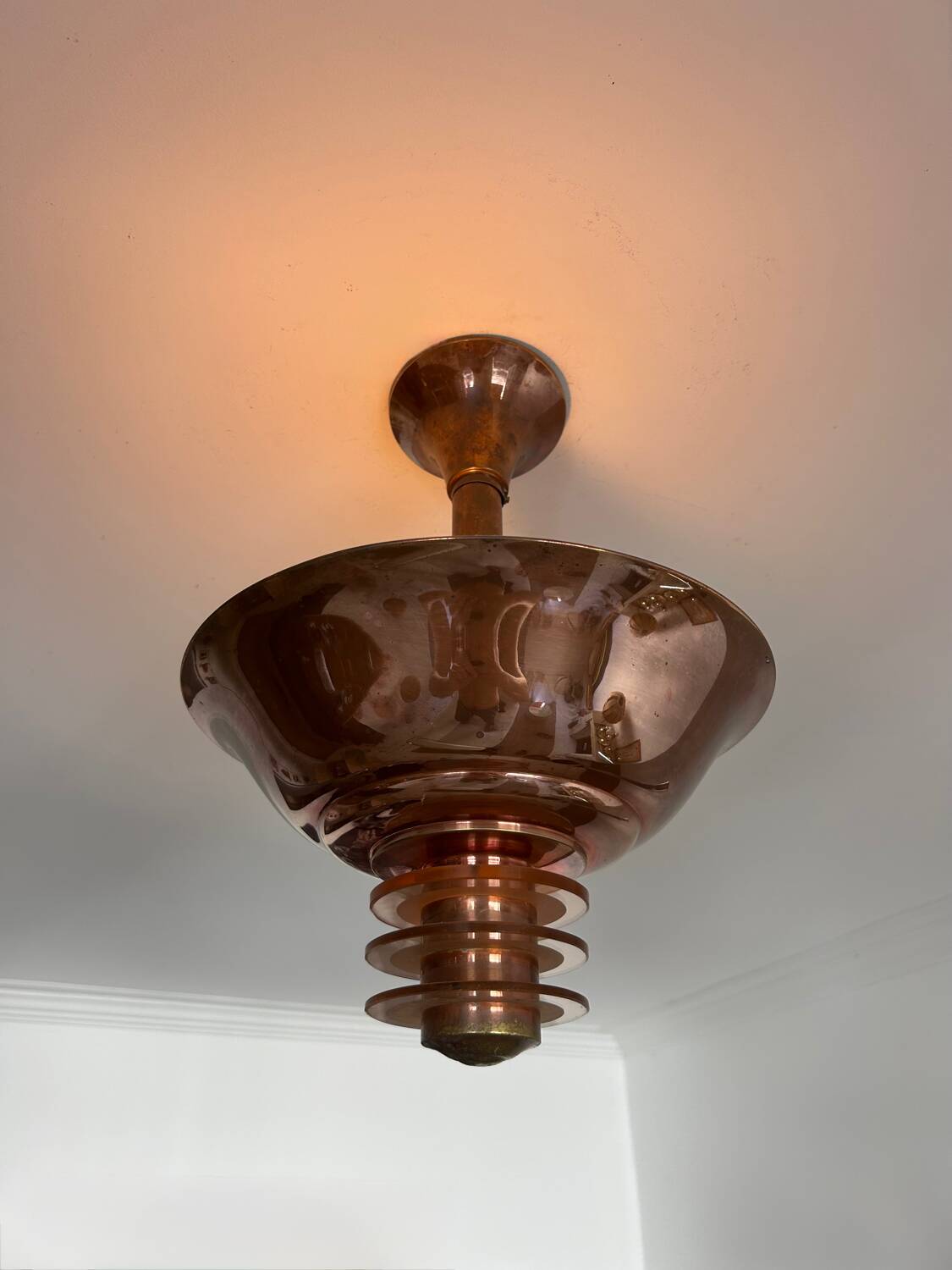 Vintage modernist chandelier, copper and glass, France 1930
