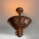 Vintage modernist chandelier, copper and glass, France 1930