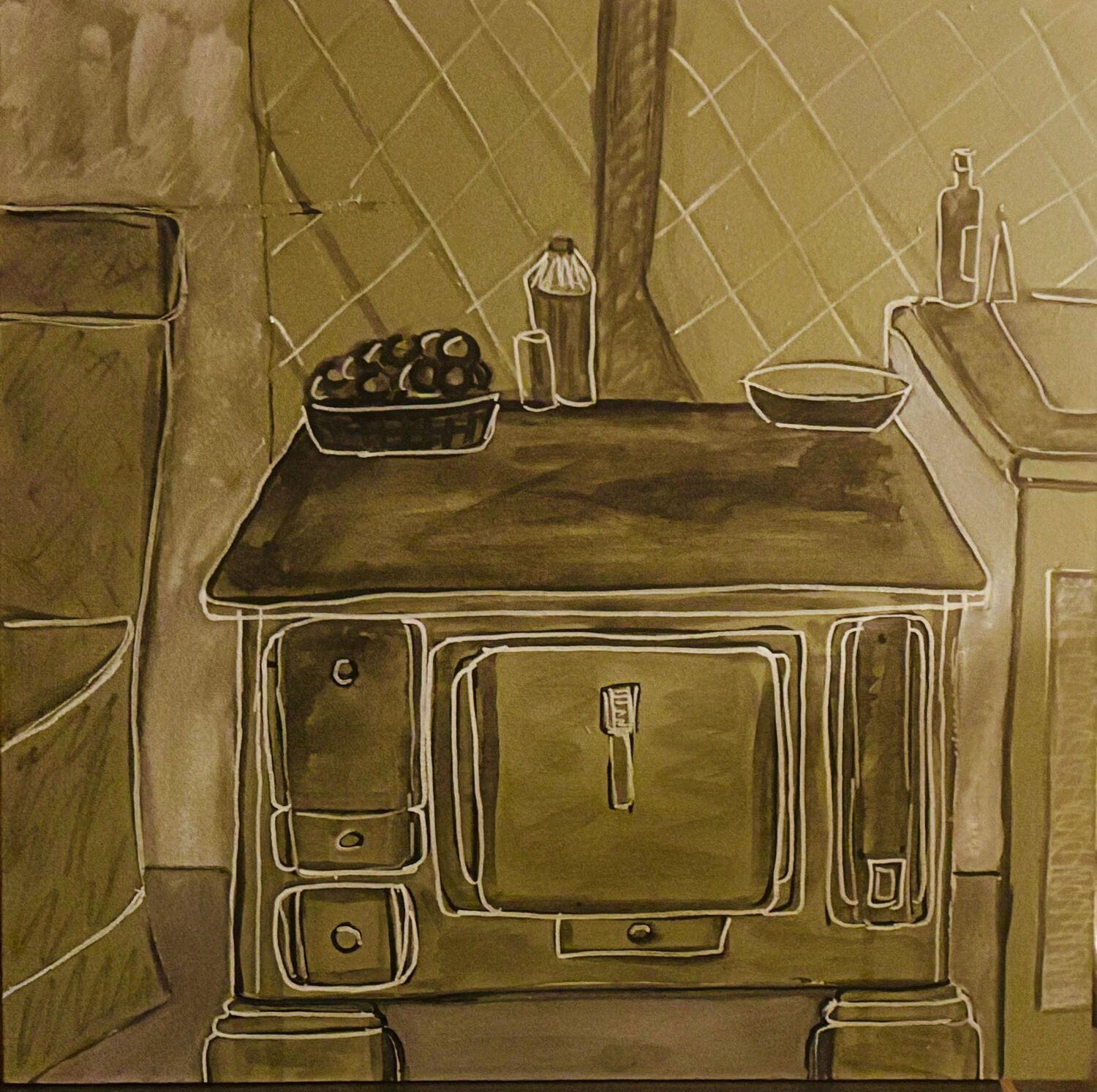 Painting depicting a stove