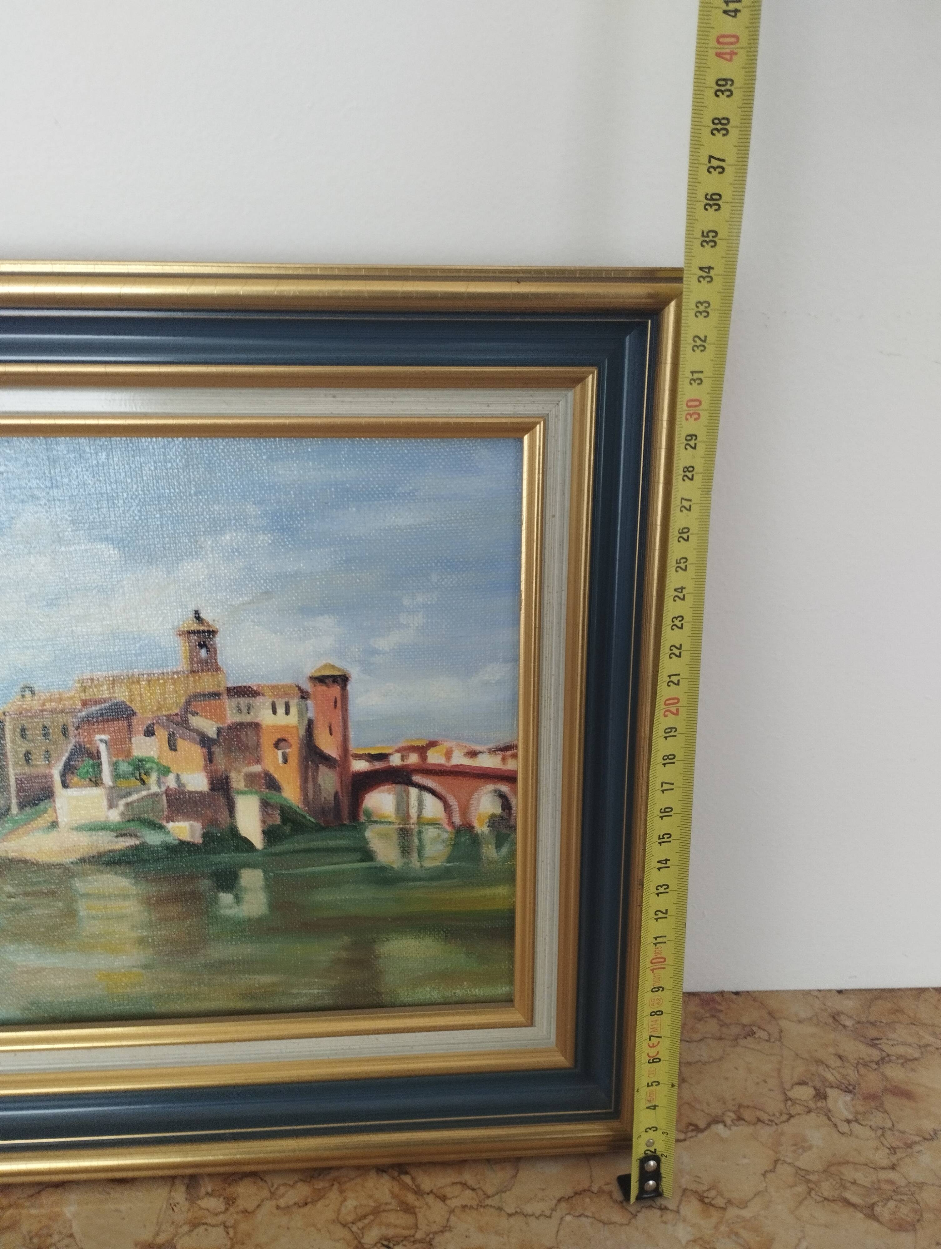 Oil painting on canvas - View of Tiber Island (Rome) - Corot style