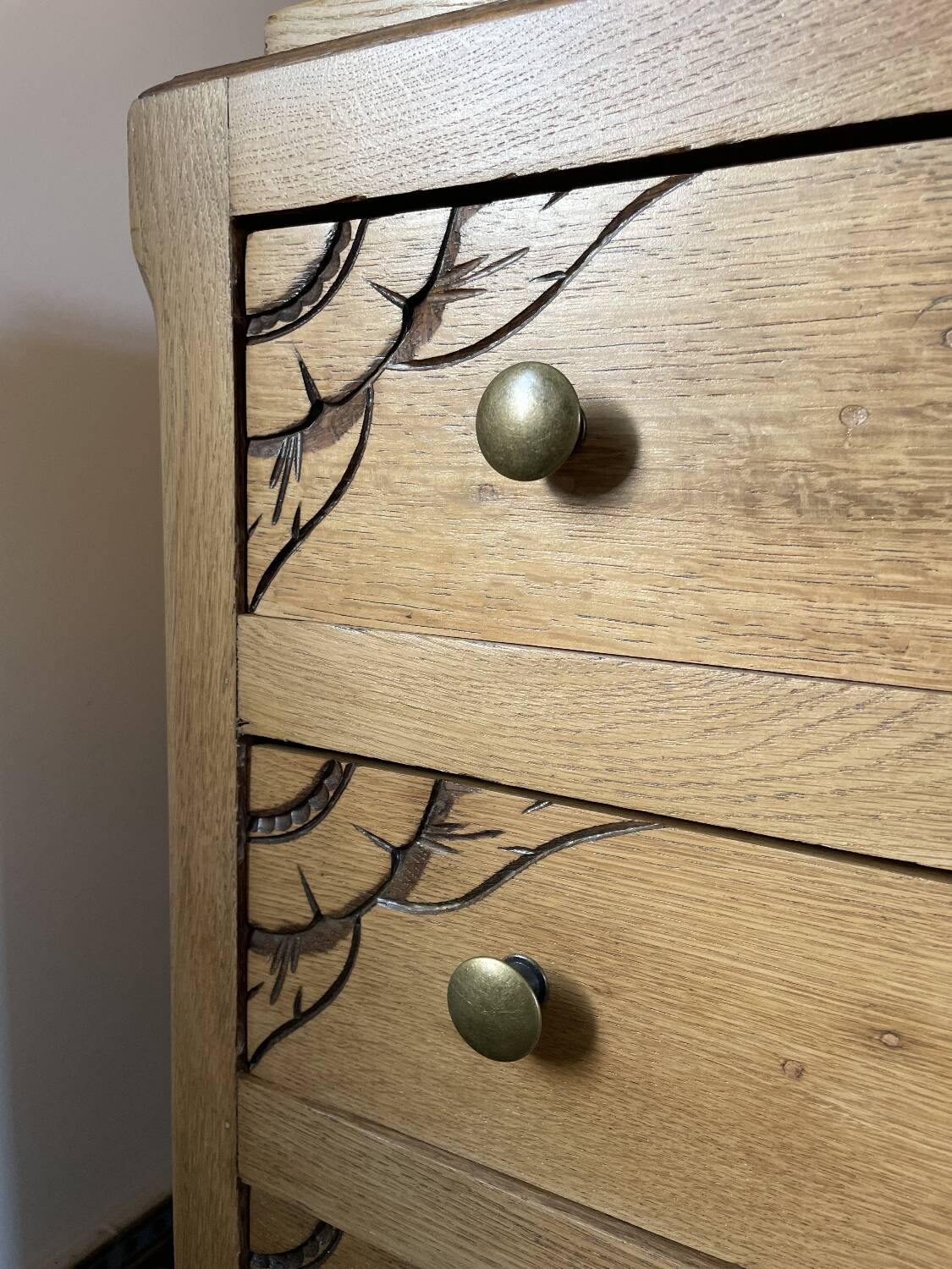Carved solid oak chest of drawers