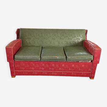 Canapé design 50 d'époque , convertible  pièce rare en toile enduite rouge et vert ,à restaurer