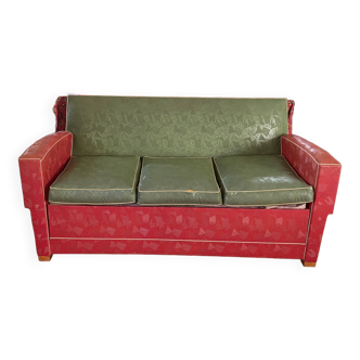 Canapé design 50 d'époque , convertible  pièce rare en toile enduite rouge et vert ,à restaurer