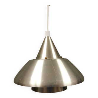 Danish hanging lamp in silver-coloured aluminium with contrasting orange lacquer inside.
