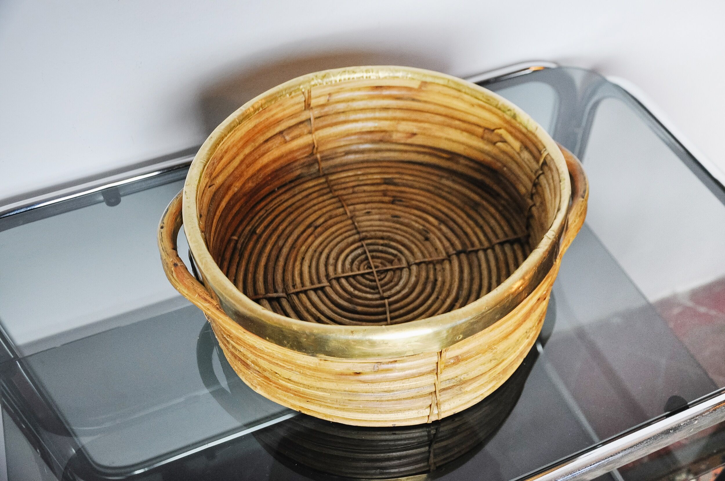 Rattan and brass basket, Italy, 1970