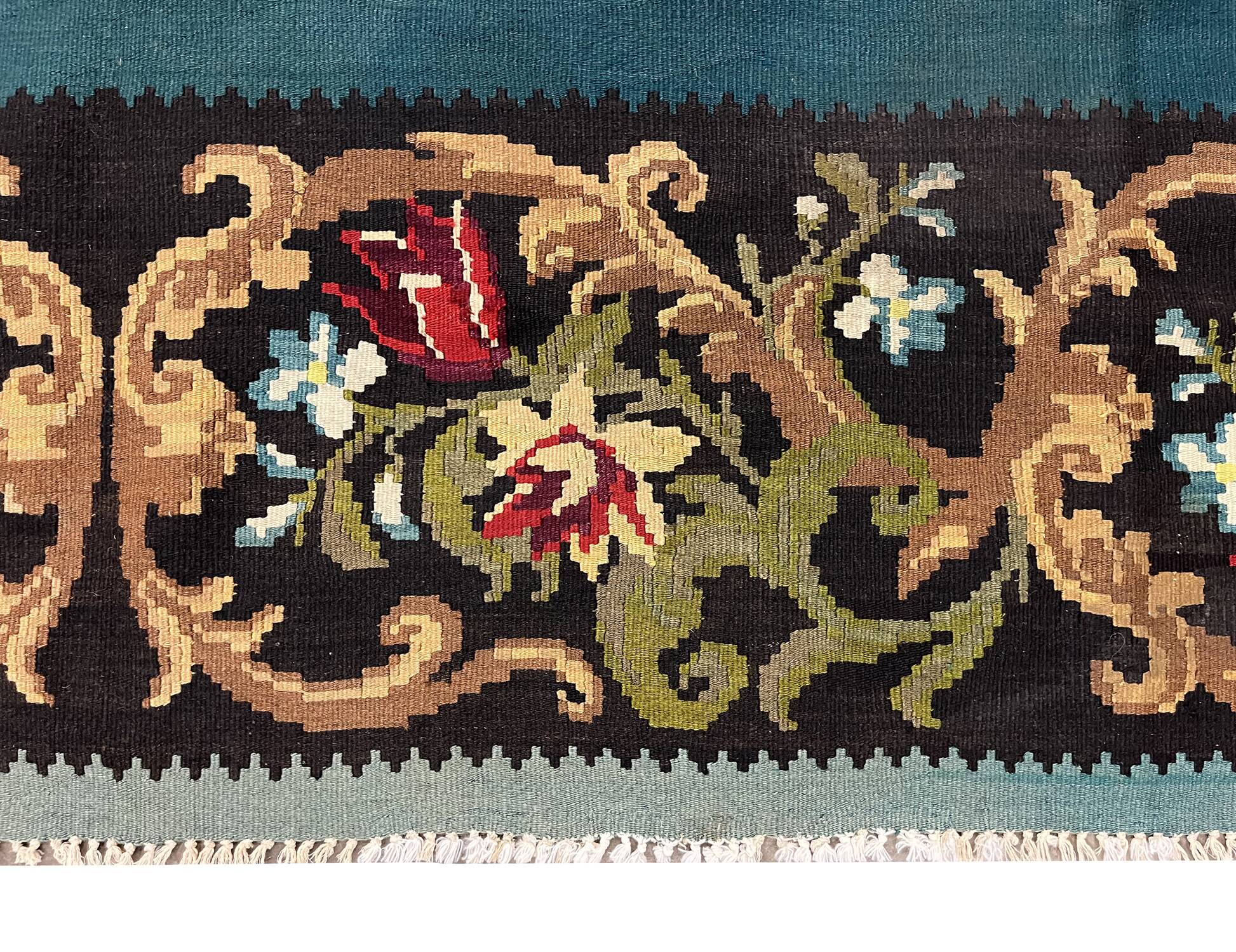 Teal Green Kilim Rug Handwoven Oriental Carpet Moldavian Area Square Rug