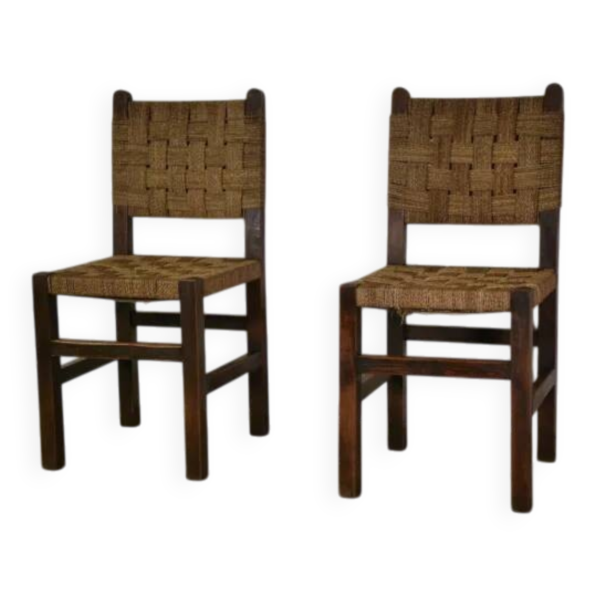 Pair of Brutalist chairs with braided rope seats, 1950s
