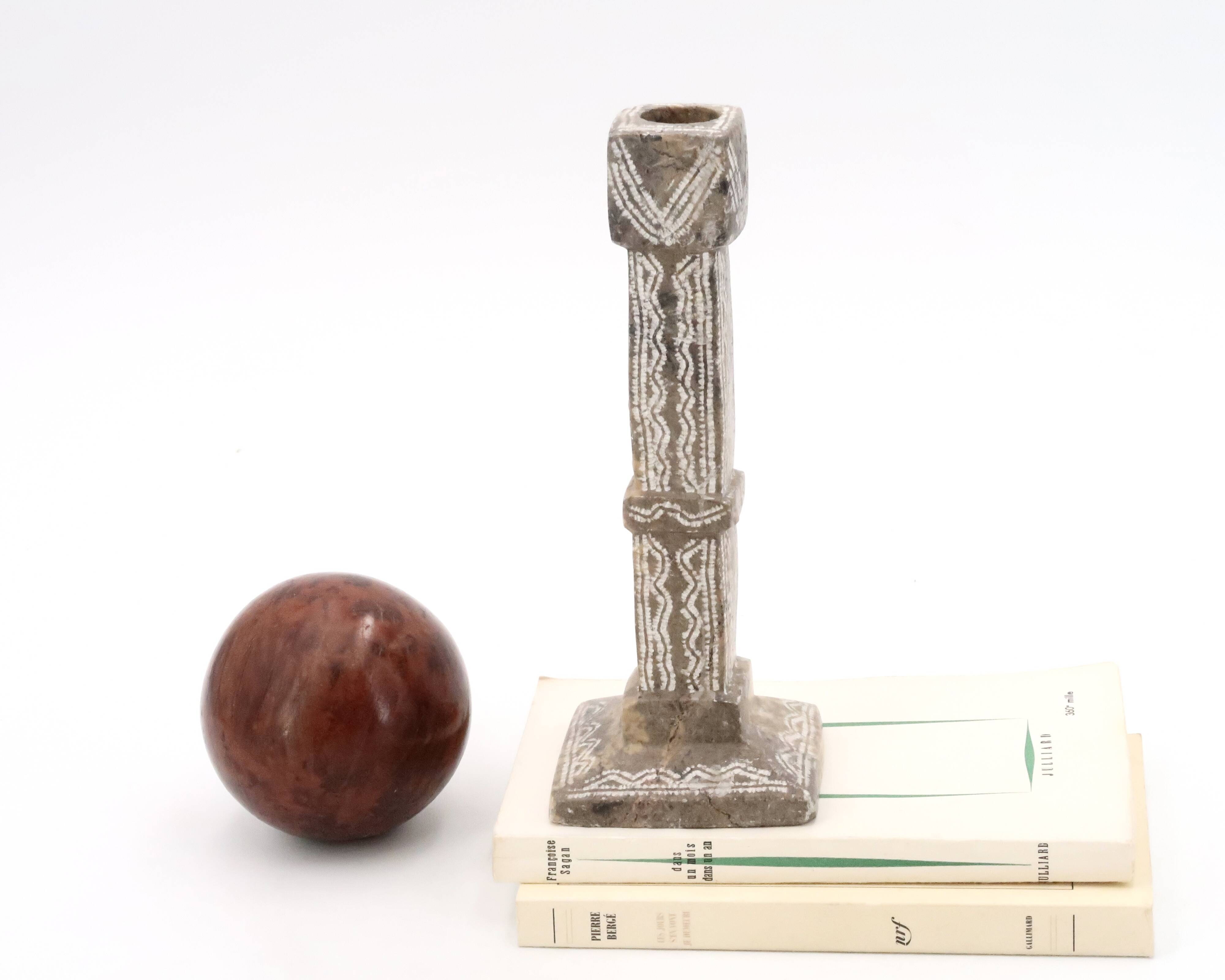 Moroccan candle holder in carved beige stone, 1970s