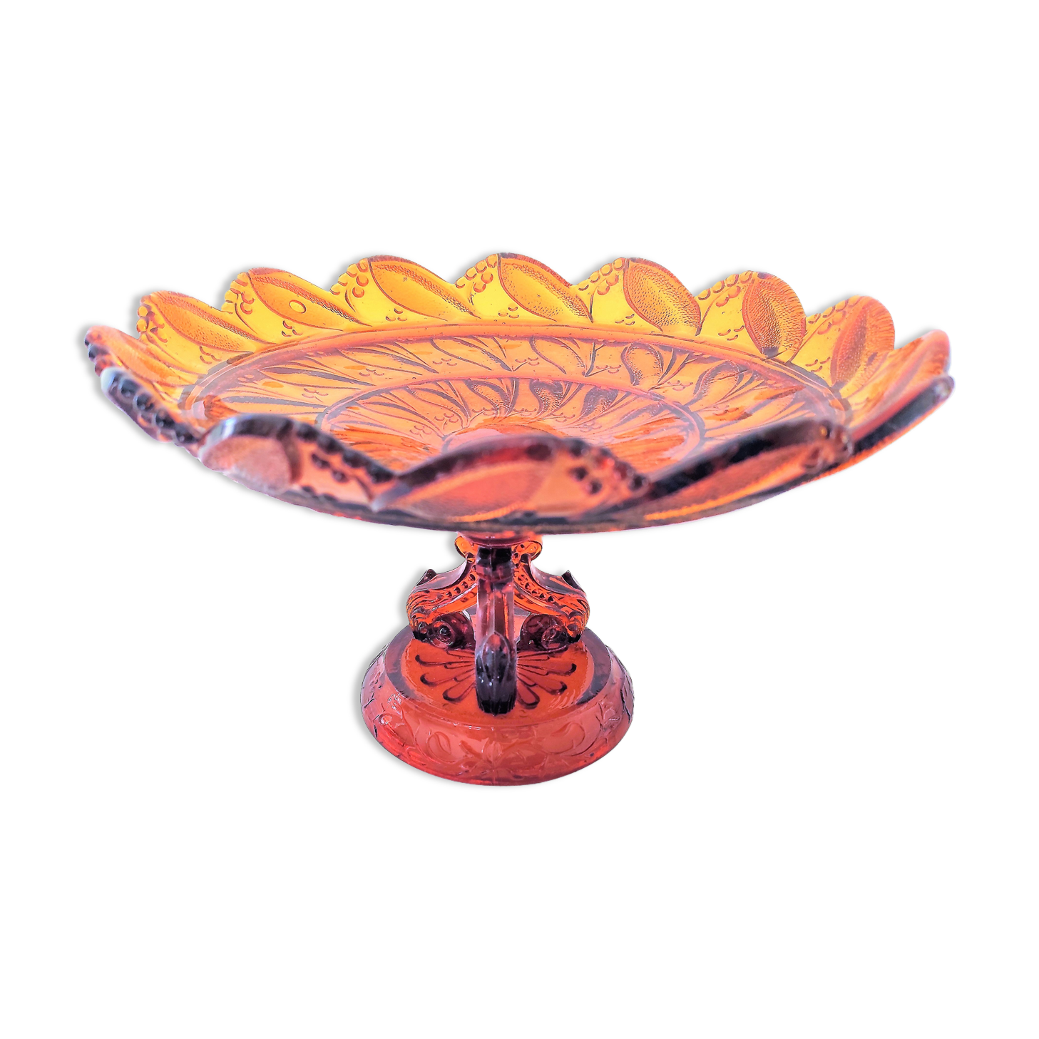 Amber moulded glass compotier on tripod pedestal around 1900/1930