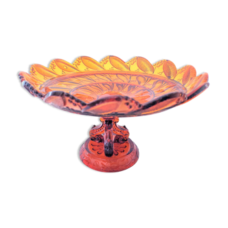 Compotier en verre moulé couleur ambre sur piédouche tripode vers 1900/1930