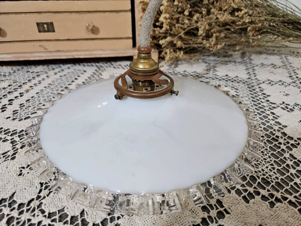 Old pendant lamp in pleated white opaline