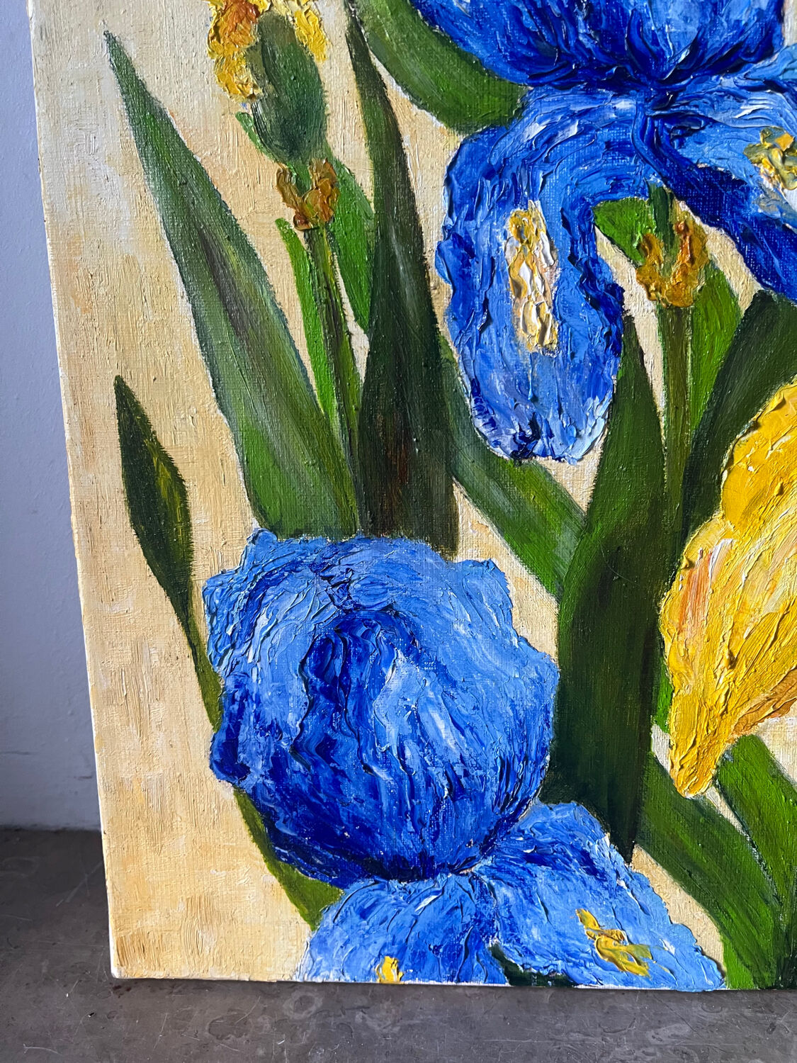 Blue and yellow irises, signed