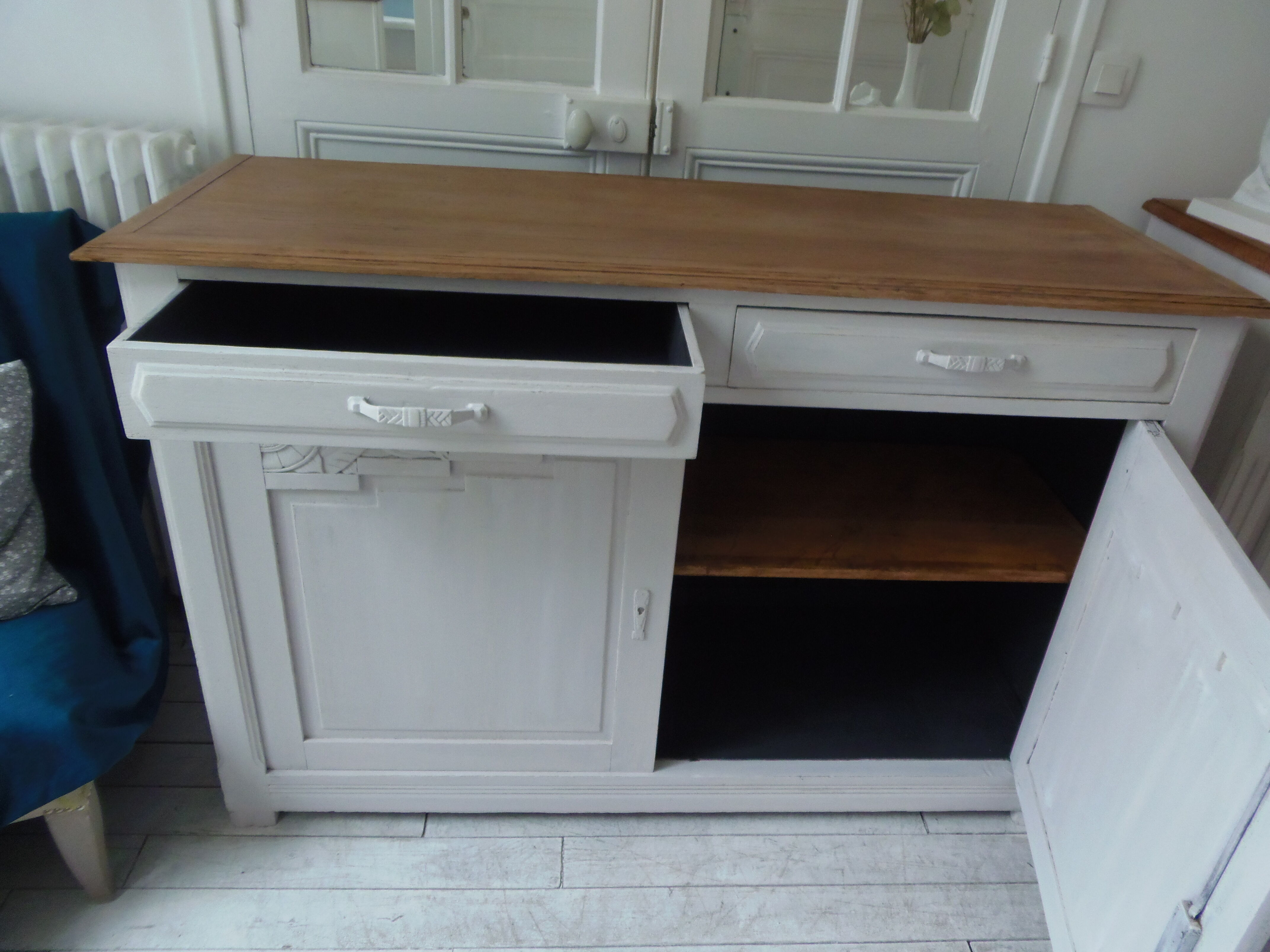 Art Deco sideboard patinated pearl gray, oak top.