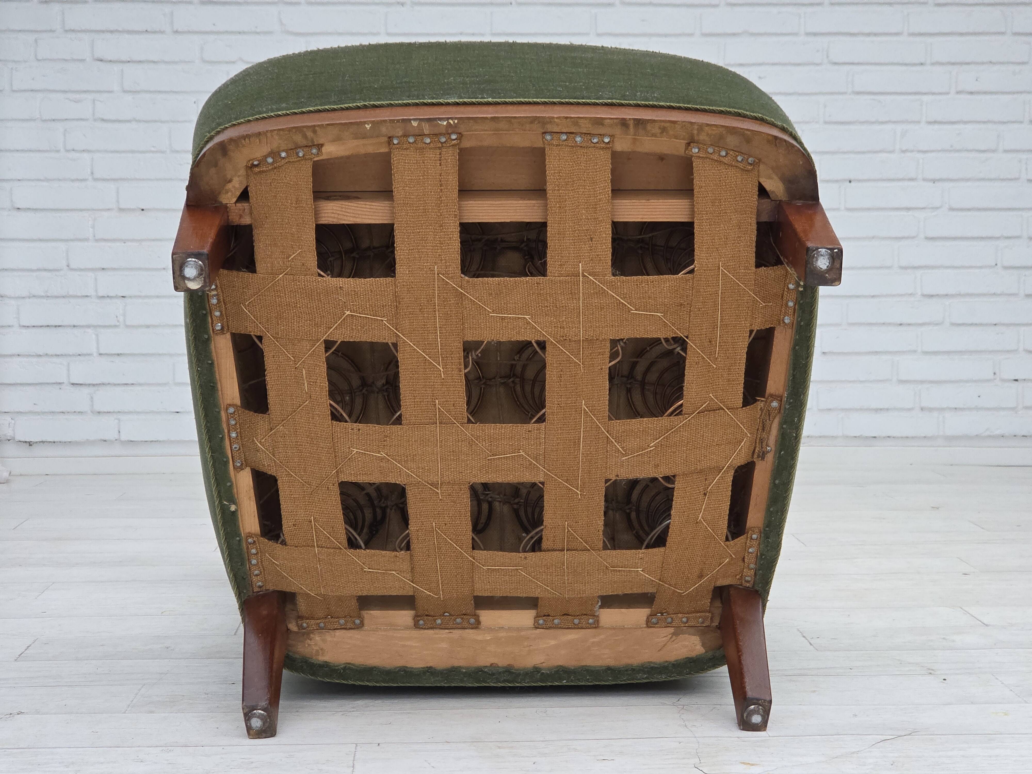 1960s, Danish highback armchair, green furniture velour, teak wood.