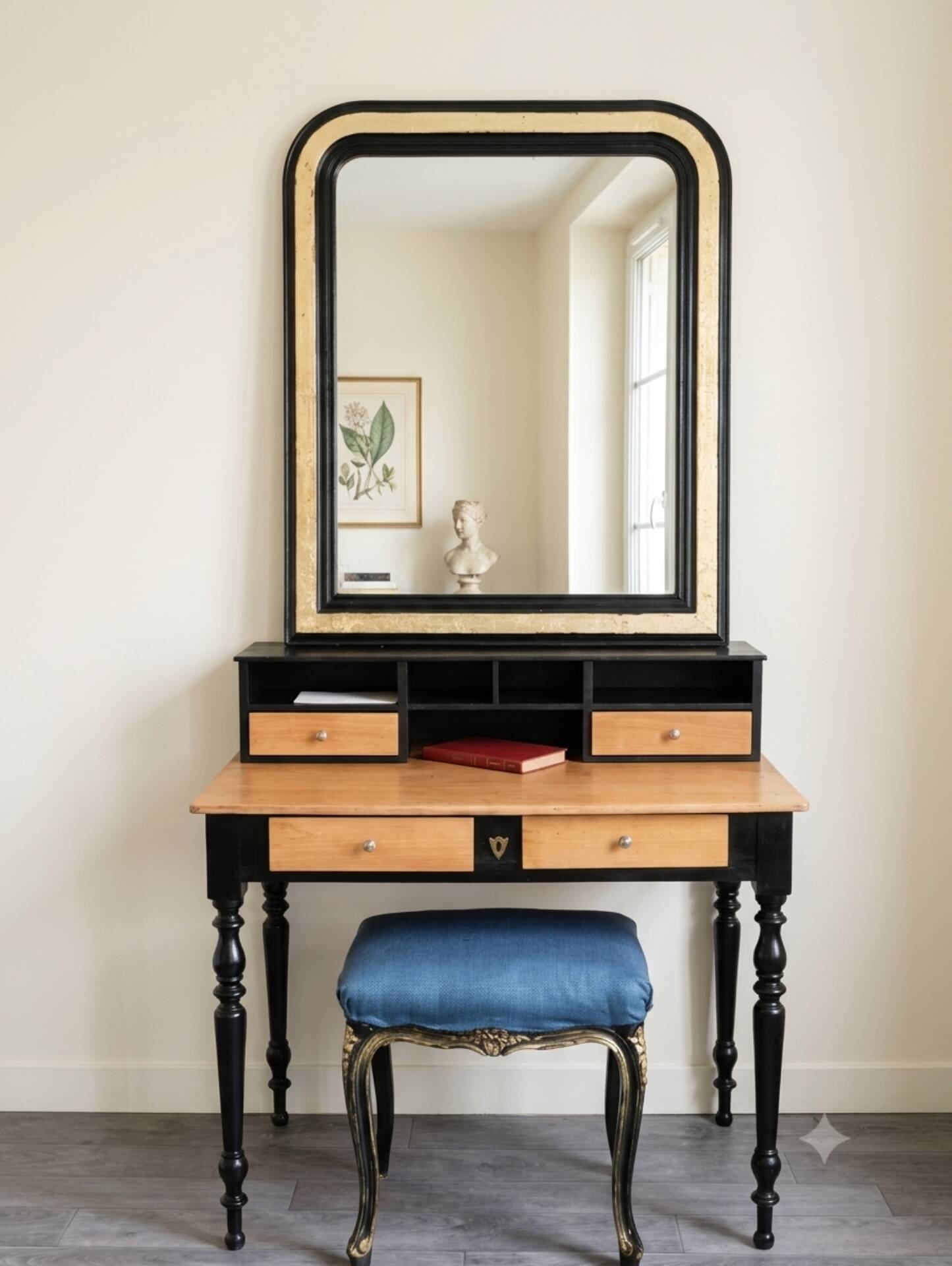 Miroir ancien noir et doré  – 98 x 78