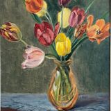 Tableau peinture ancienne huile sur panneau bouquet de fleurs tulipes