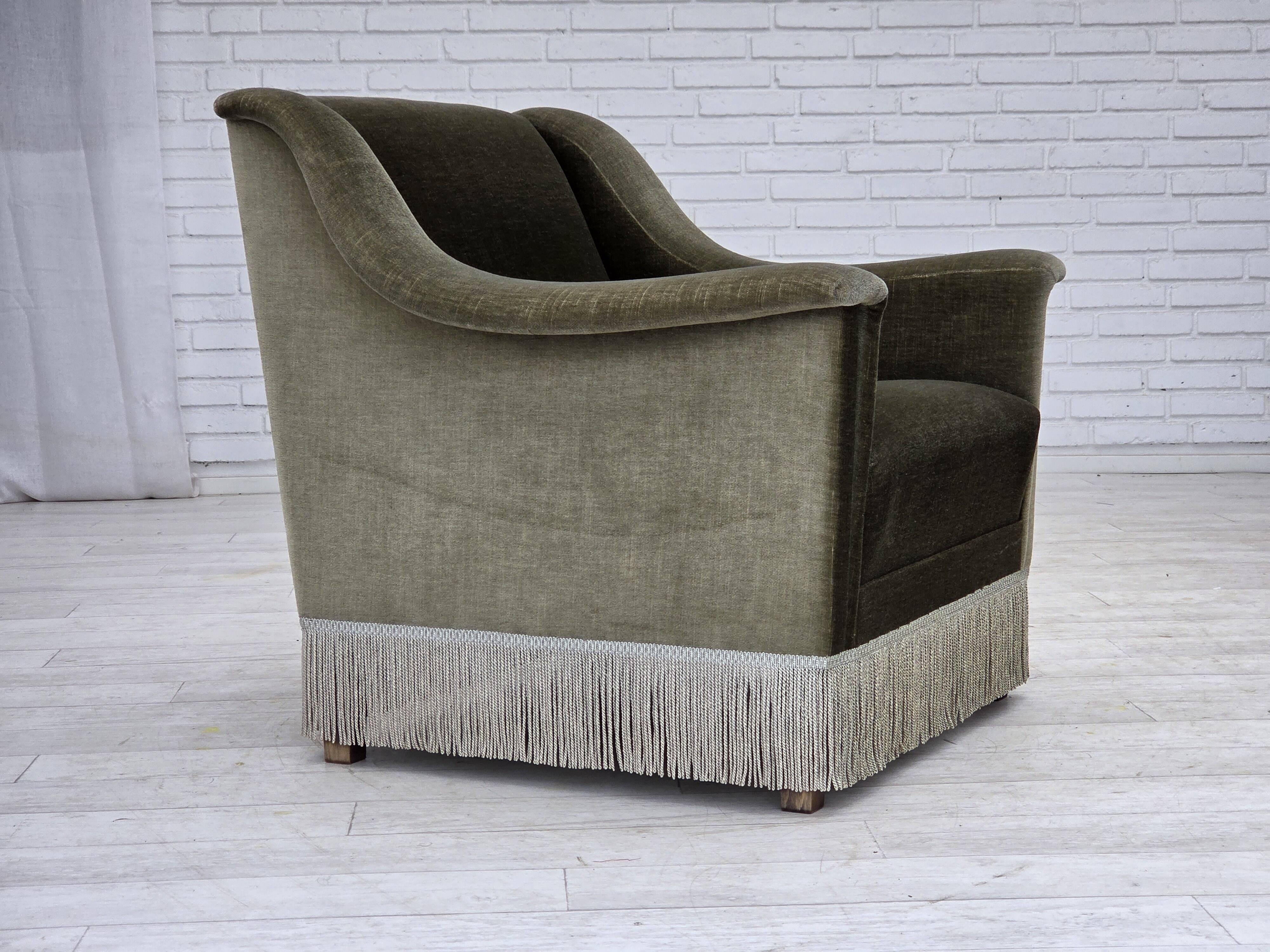 1970s, Danish armchair, original green furniture velour, beech wood.