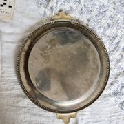Vintage round silver metal serving tray with gold knot handles