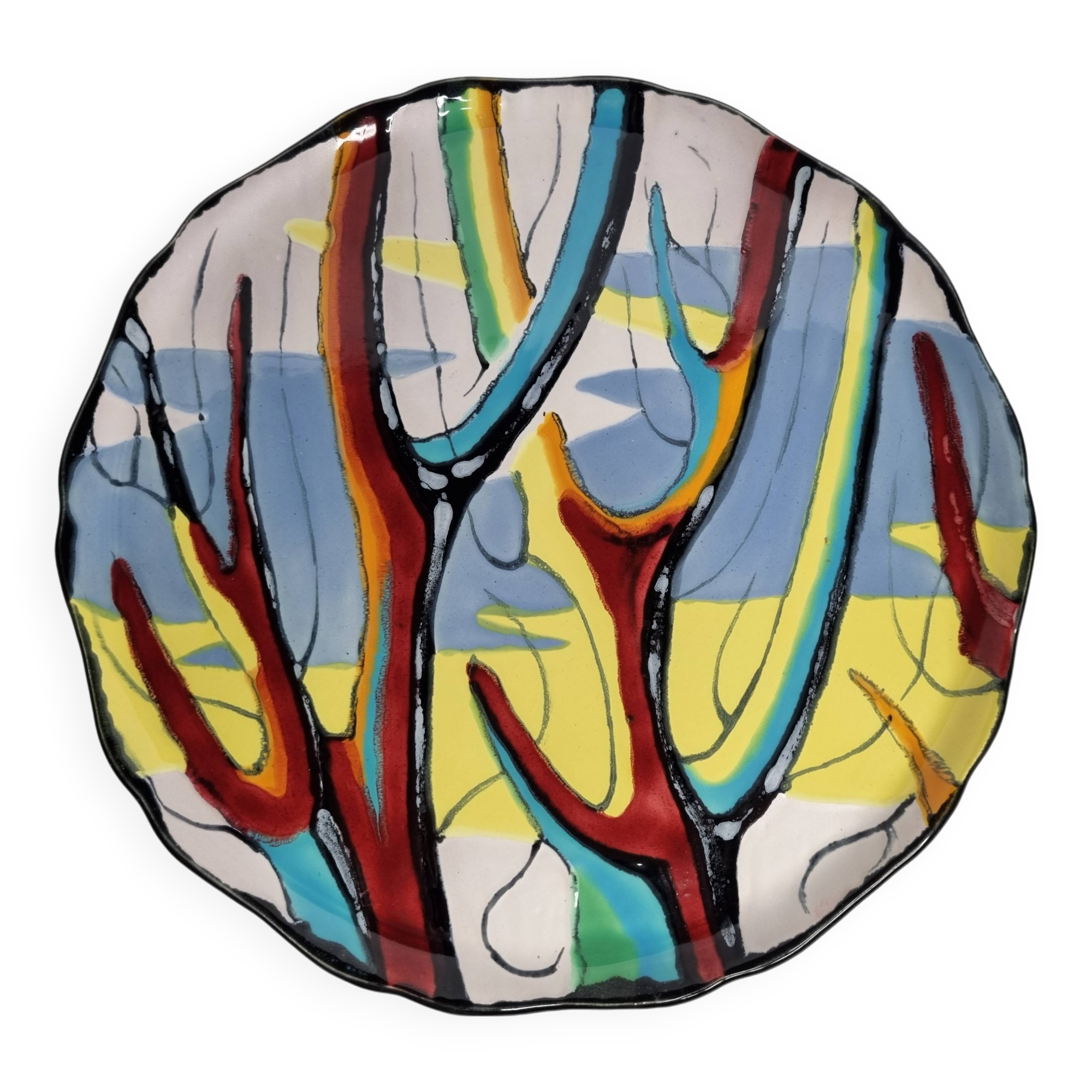 Longwy pie dish 33 cm, "Provence" decor, polychrome abstract, black enamel, numbered, 1960s