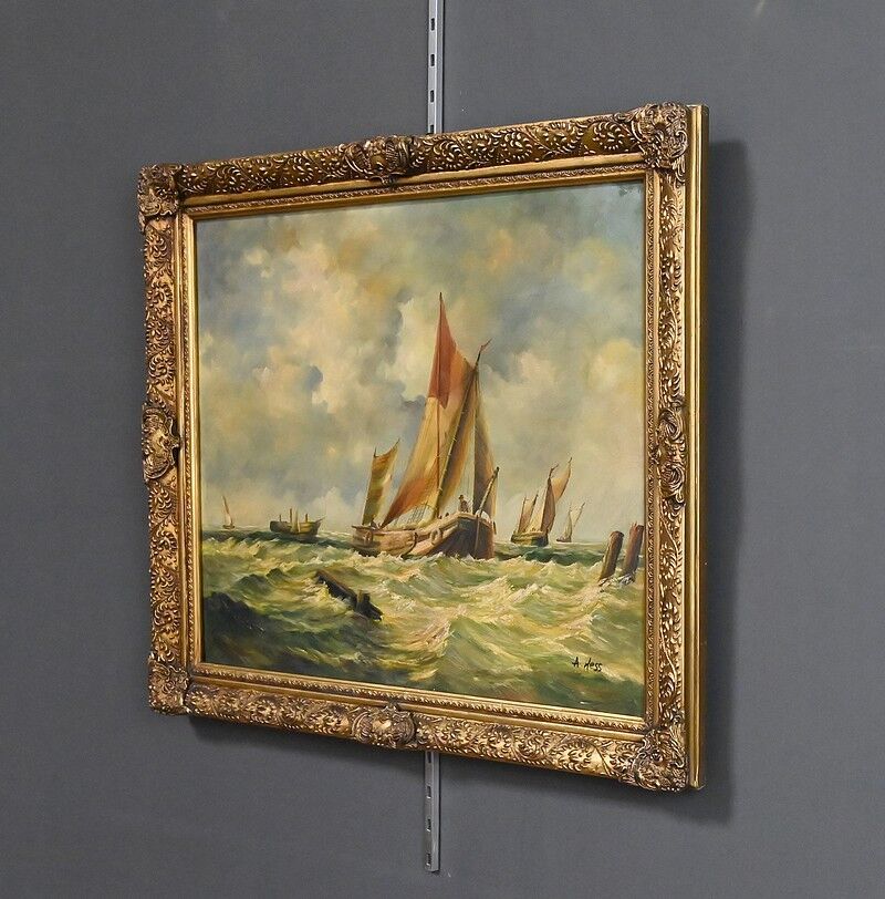 Tableau "Sailboats in Rough Seas" signed Albert Hess – Mid 20th century
