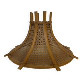 Suspension abat-jour vintage rotin et sangle années 70