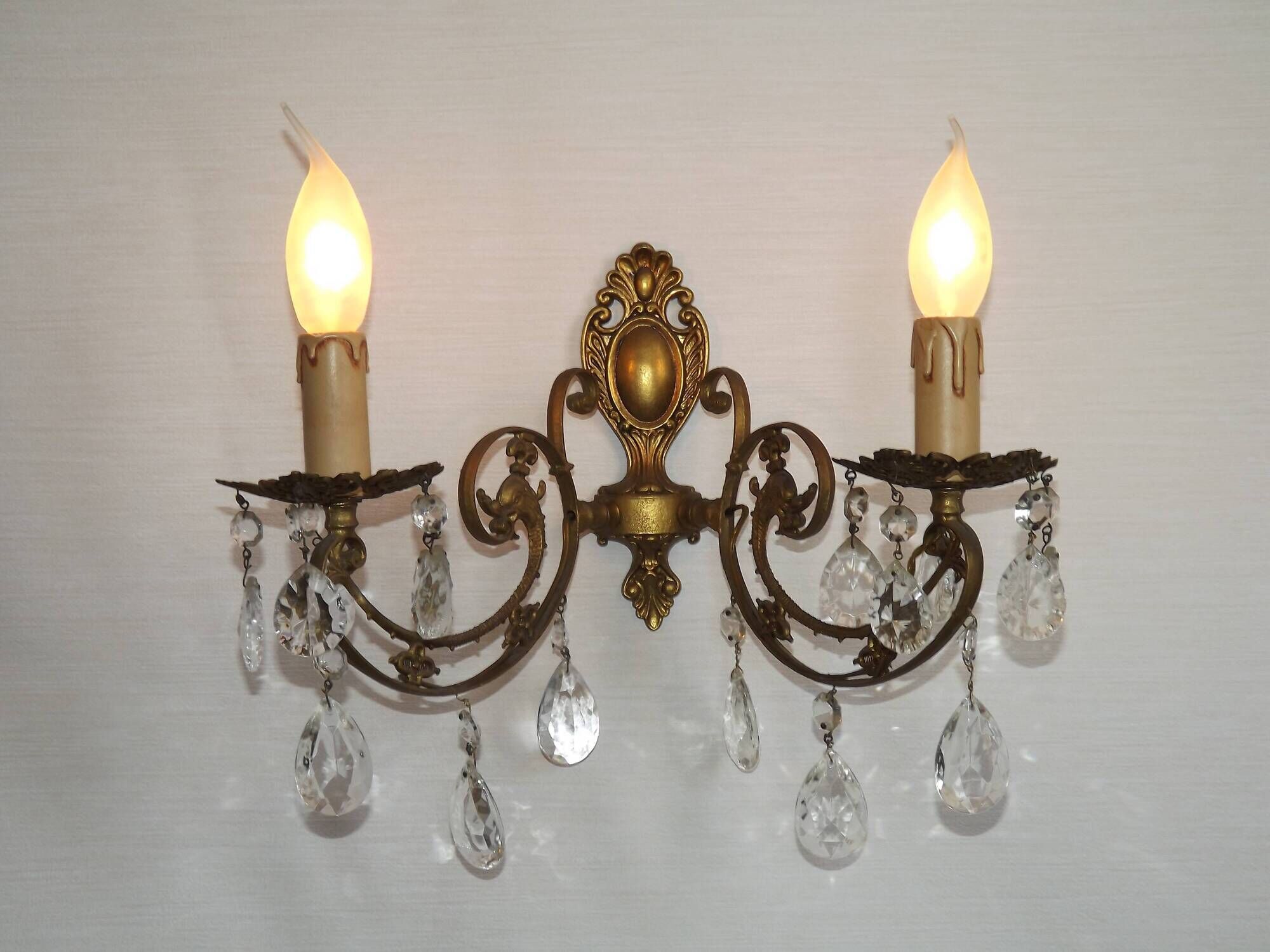 French Vintage Double Bronze & Crystal Wall Light - Stylized Dolphin Detail