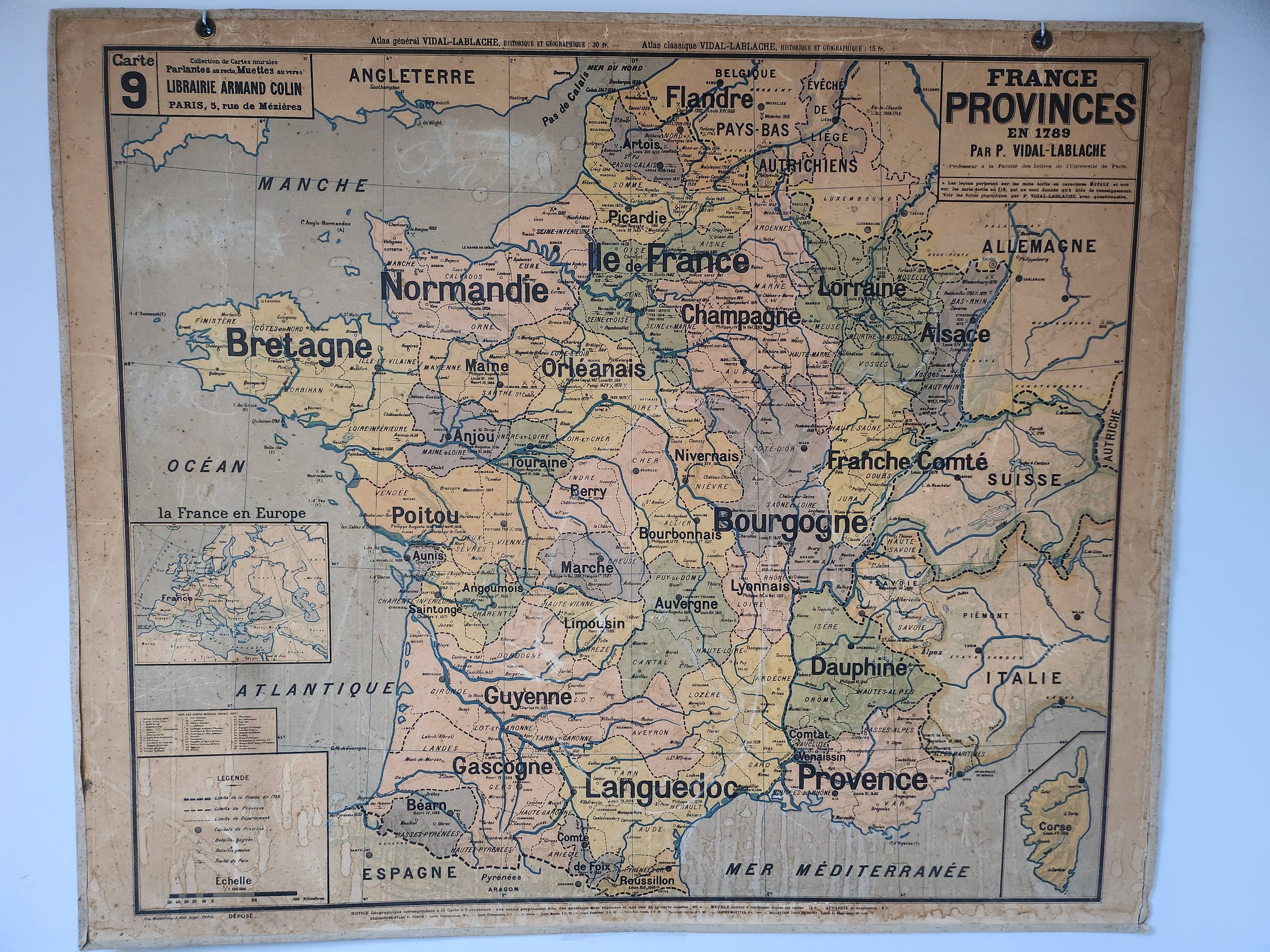 Wall map Vidal Lablache Mezieres, France provinces