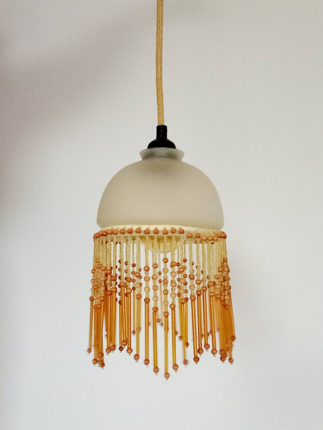 Polished glass and wooden bead pendant light