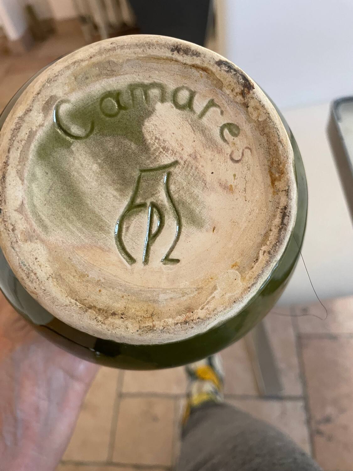 Pitcher in Provence khaki varnished clay signature Camares