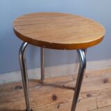 Tabouret 4 pieds tubulaire  assise bois strié, vintage
