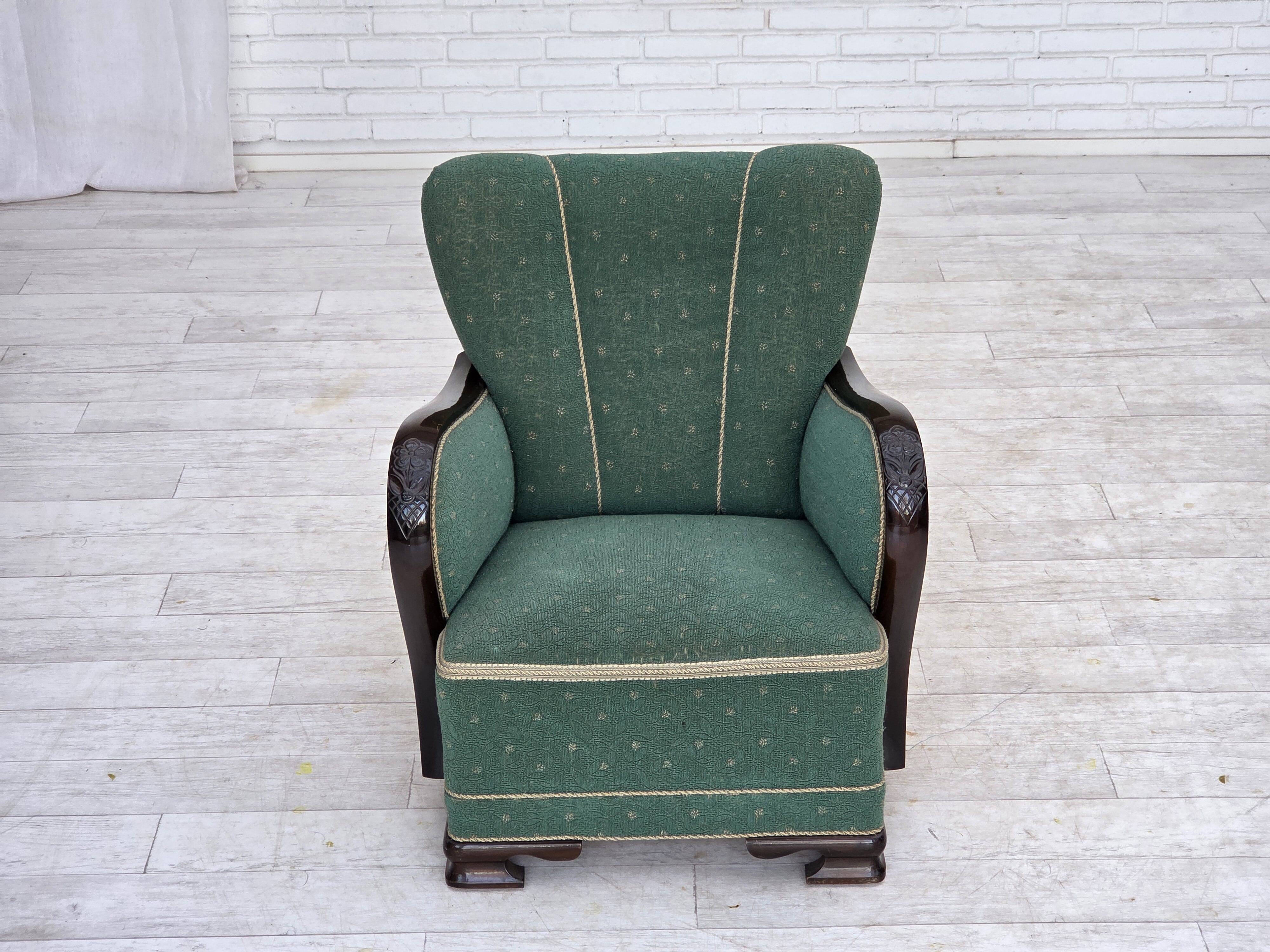 1960s, Danish armchair, green and beige furniture wool.