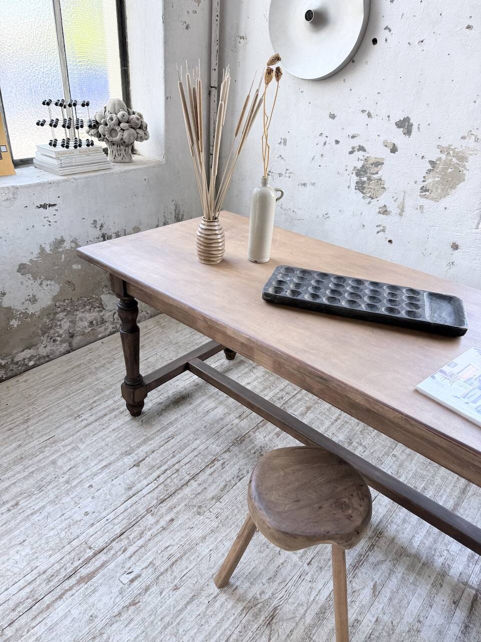 Farm table with turned legs, made of pine and birch, 180cm.