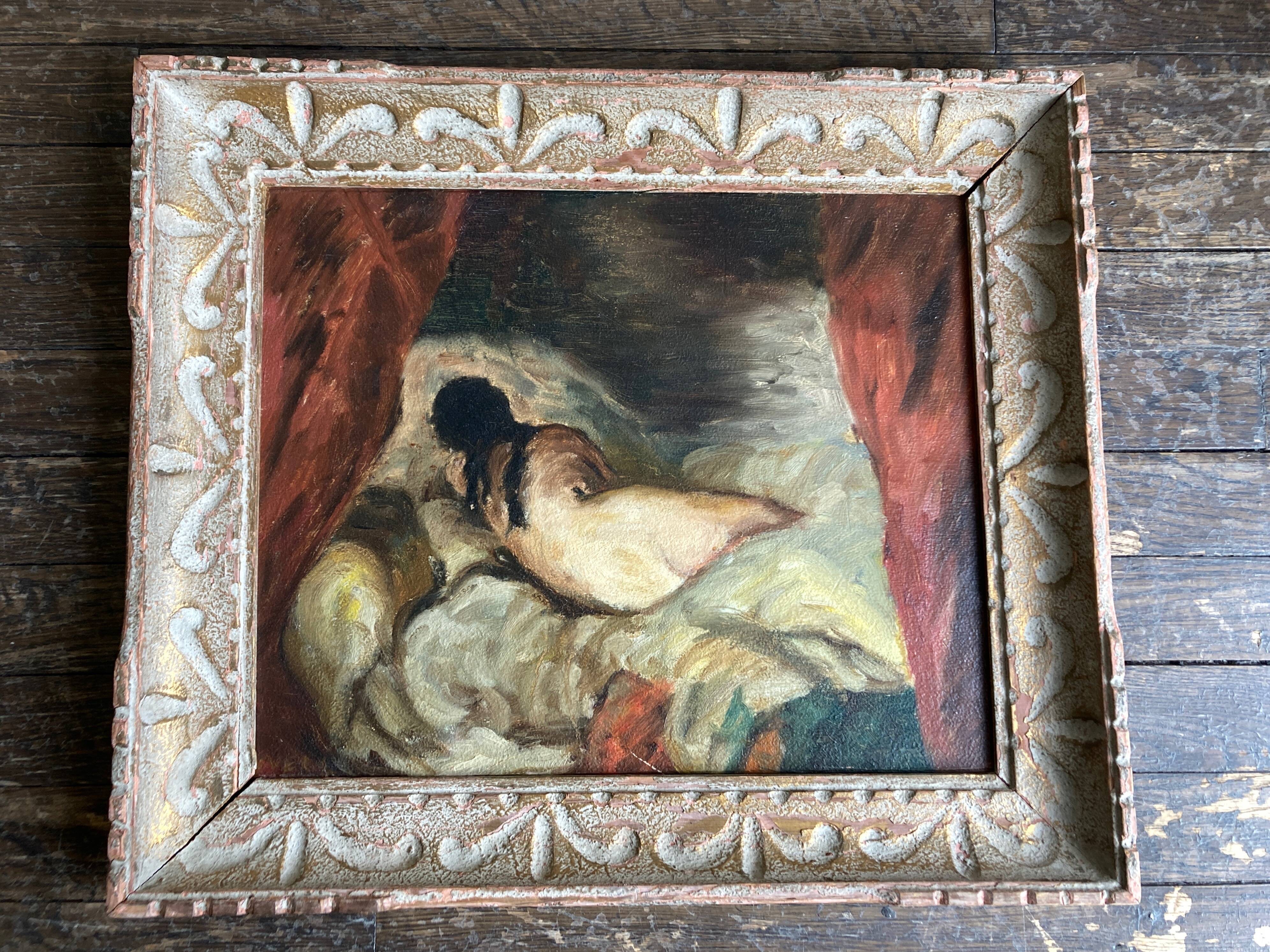 Odalisque au rideau rouge huile sur bois vers 1950