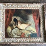 Painting, Odalisque with red curtain oil on wood around 1950