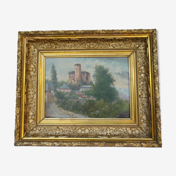 Peinture à l'huile paysage village et ruines de château signé Bénezet, 1904 60 x 49 cm