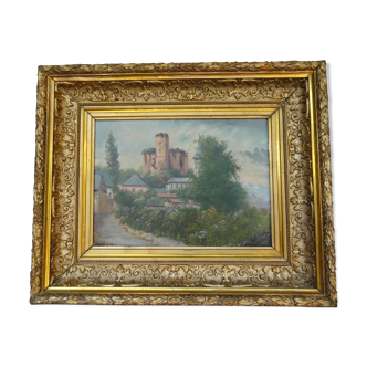 Oil painting Landscape village and castle ruins by J. Bénezet, 1904 60 x 49 cm