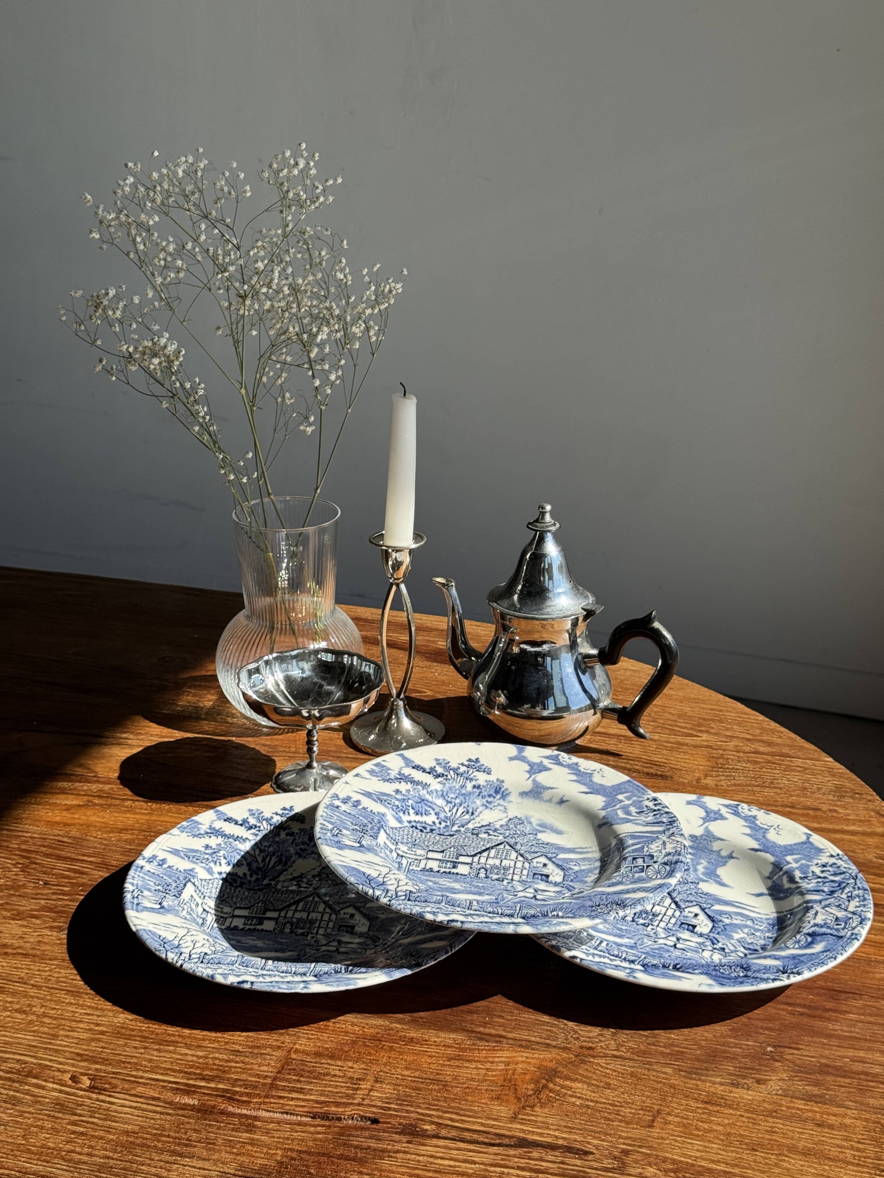 Lot de 5 assiettes anglaises bleues D23