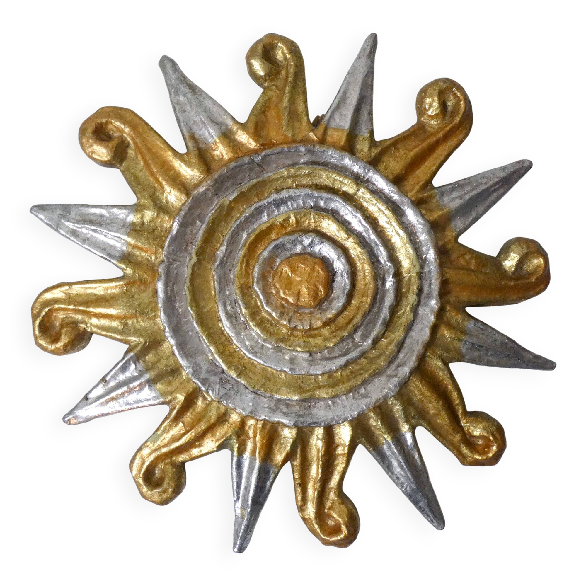 Vintage Gold and Silver Sun Relief Wall Sculpture