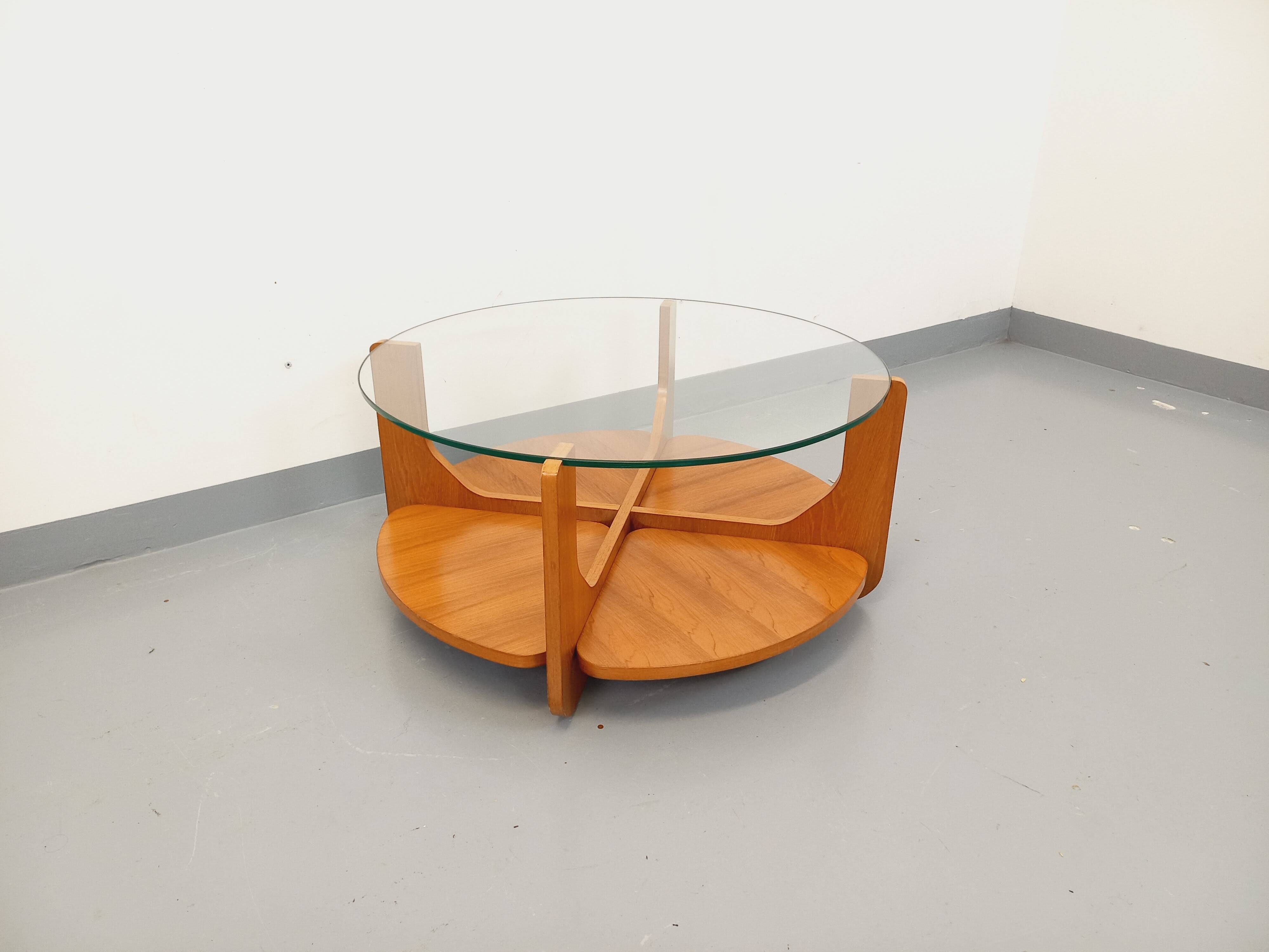 Vintage round coffee table with 2 tops by Hugues Poignant, in teak and glass