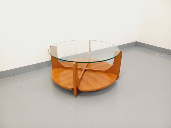 Table basse ronde à 2 plateaux vintage de Hugues Poignant, en teck et verre