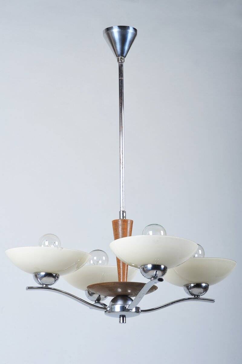 Art Deco Chandelier in Chromed Steel, Beech and Opal Glass, Czech, 1920s