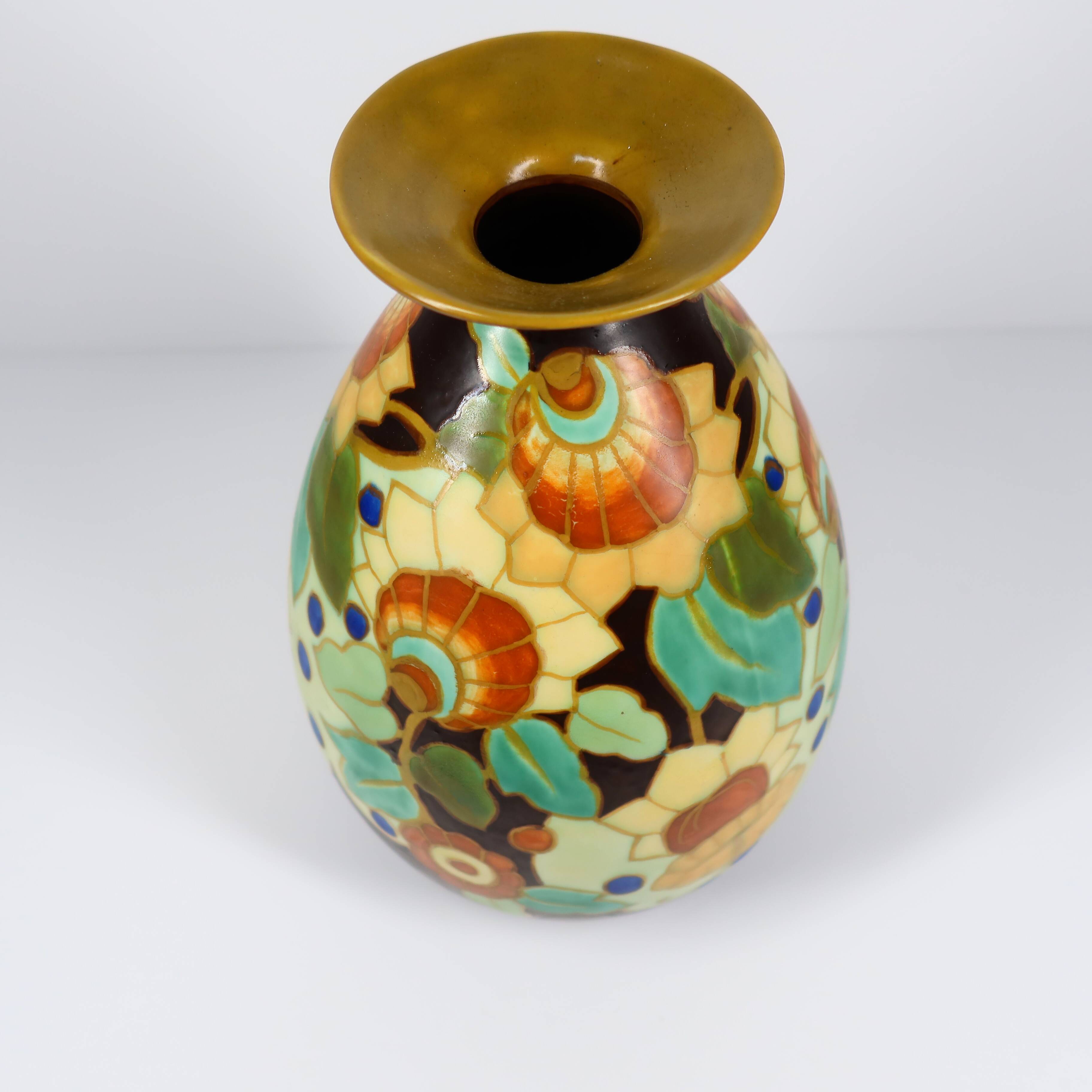 Art Deco vase by Boch Keramis with stylised floral decoration.