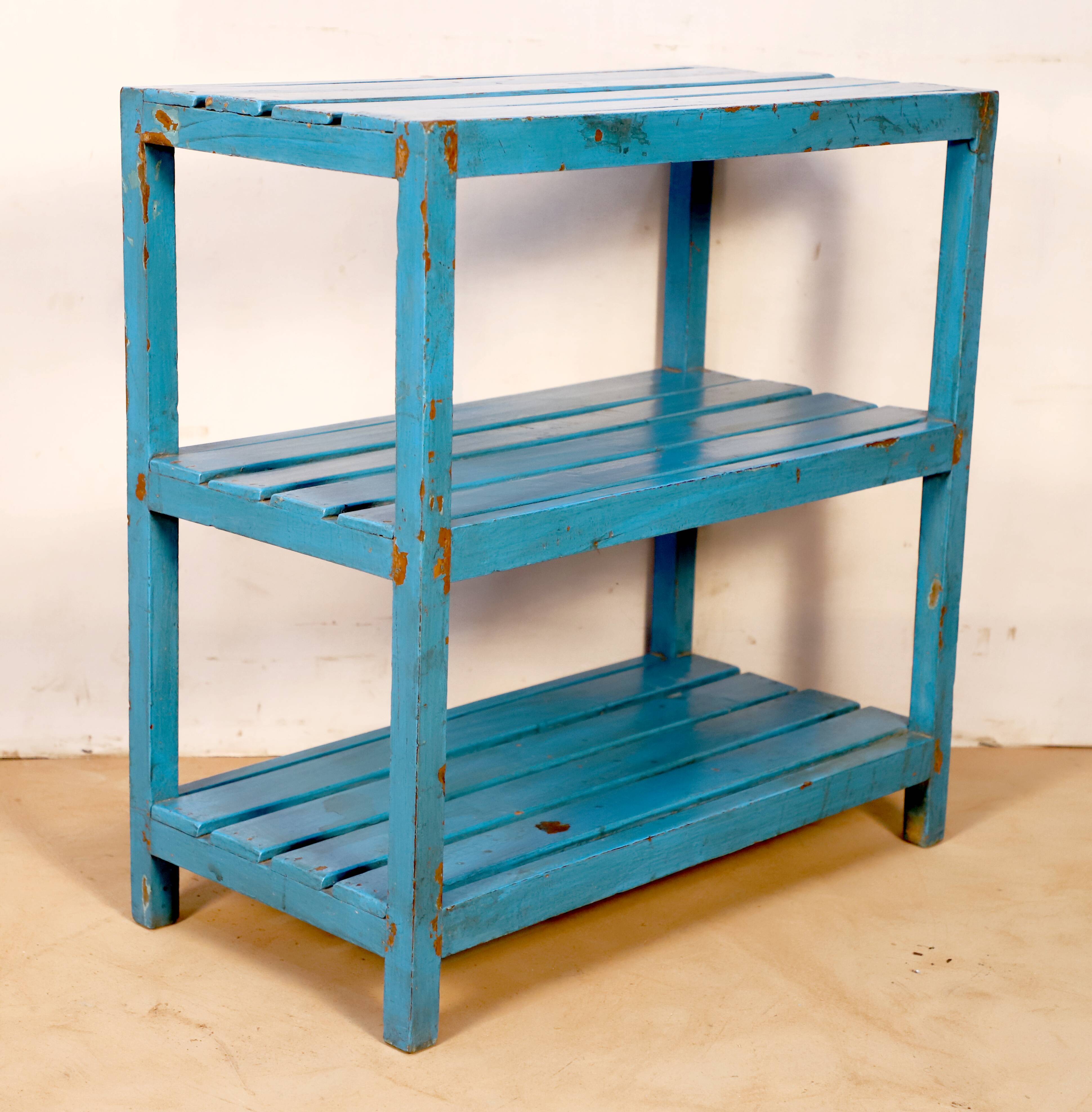 3-level Burmese teak shelf with original blue patina