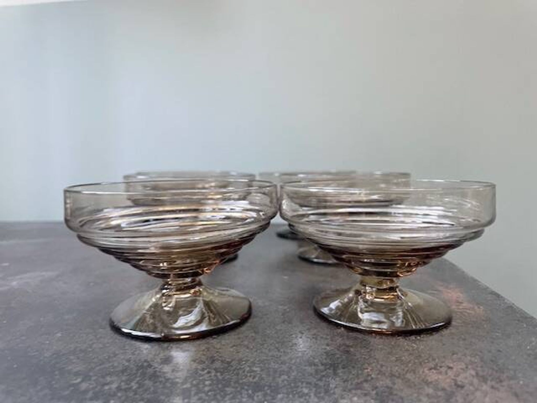 6 vintage ice cream coupes, blown glass brown fruit