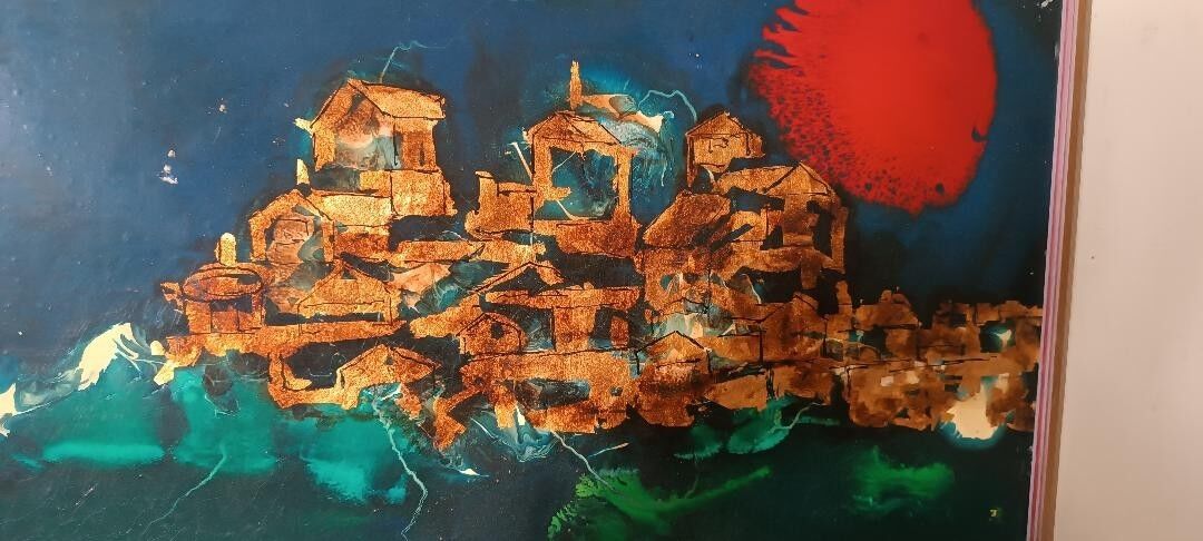 Abstract painting - gold leaf and enamel - Enzo Kocevar 1970s