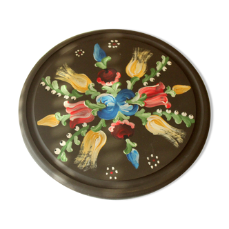 Round wooden cutting board handpainted, handpainted wall plate, vintage from the 1950s
