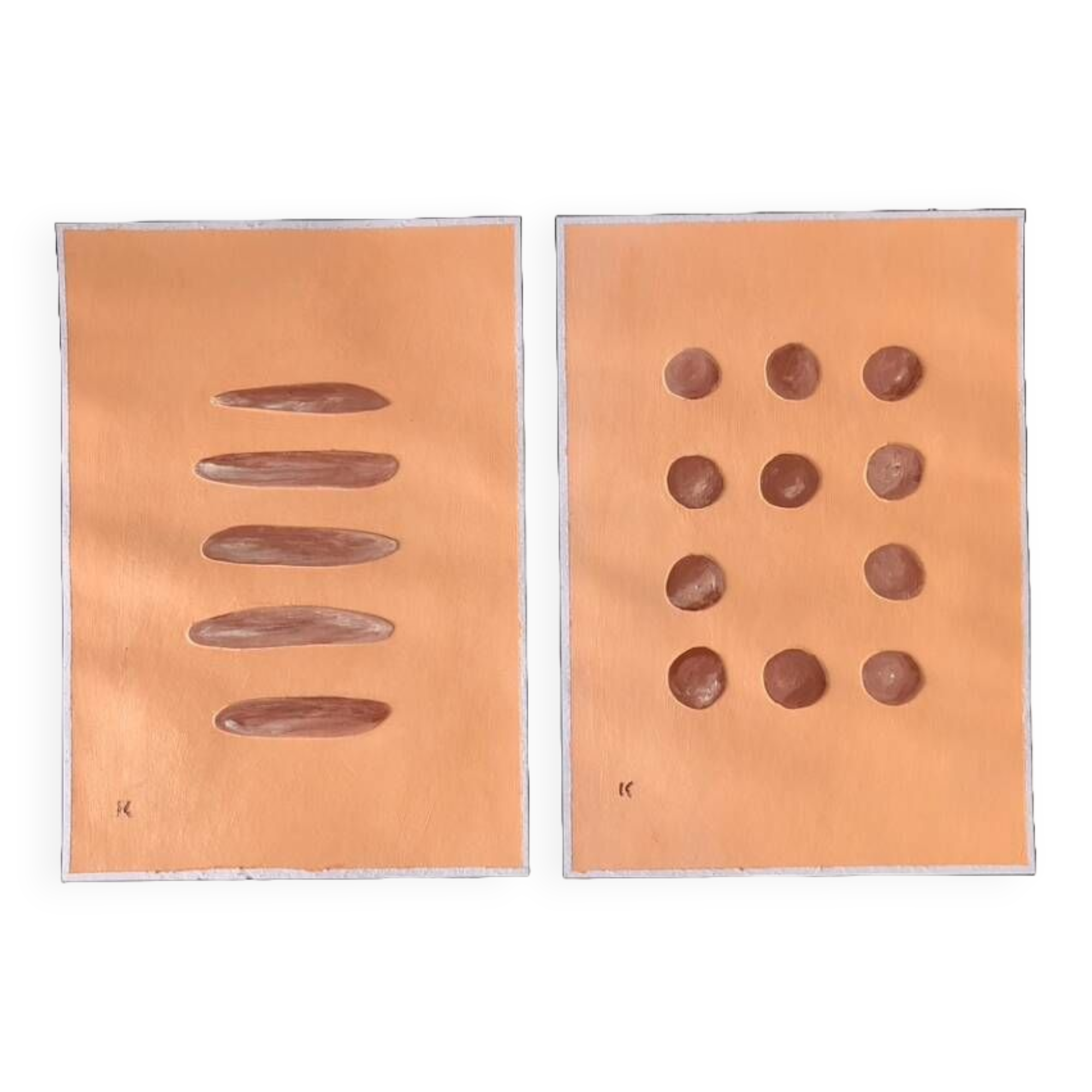 Set of two paintings, modern and minimalist art on paper, pastel peach color