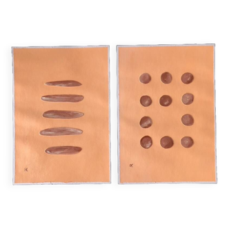 Set of two paintings, modern and minimalist art on paper, pastel peach color