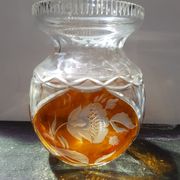 Ancien Vase Cristal Taillé Transparent & Orange Décor Fleurs Vintage